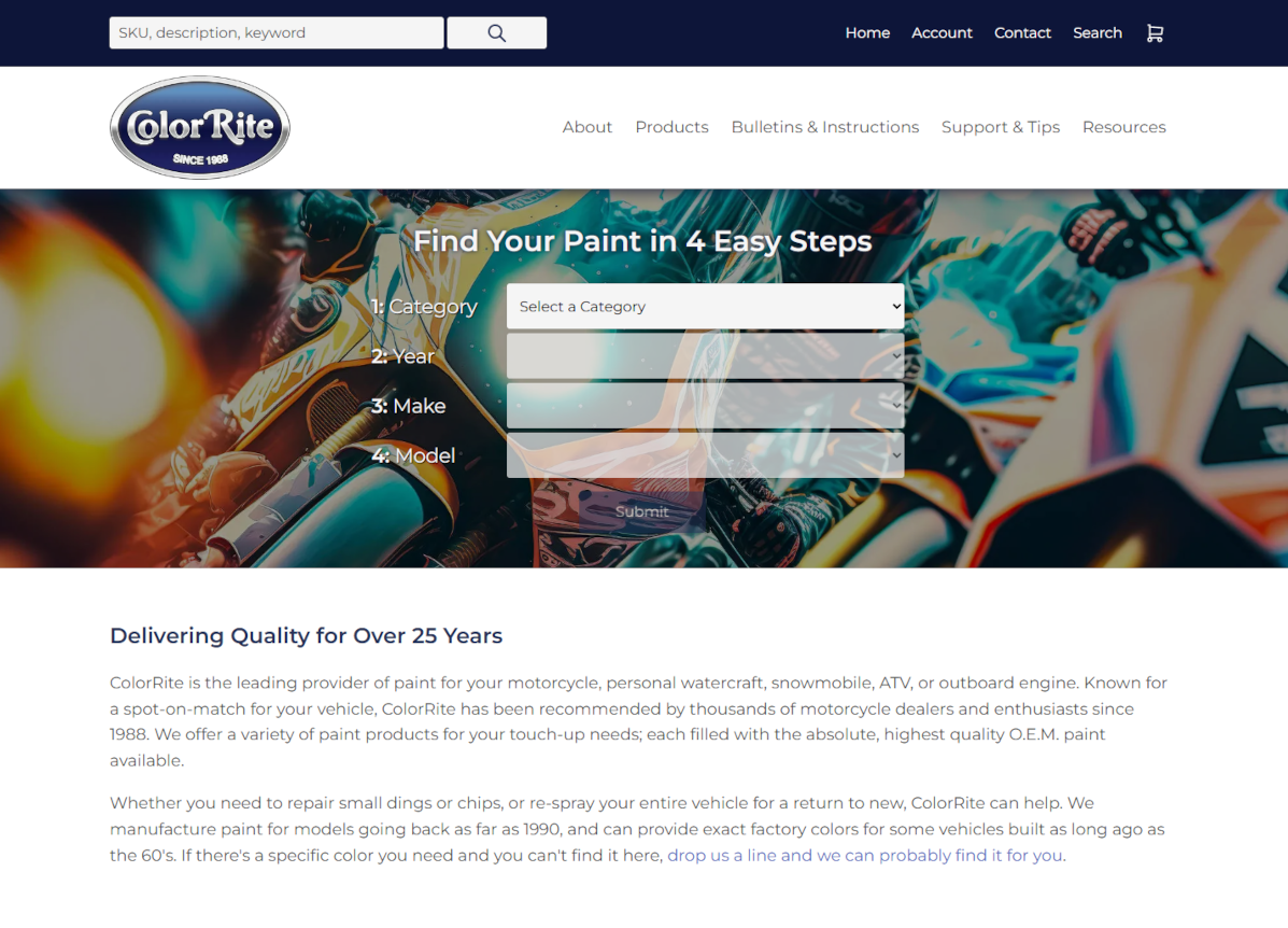 ColorRite's current landing page view above the fold