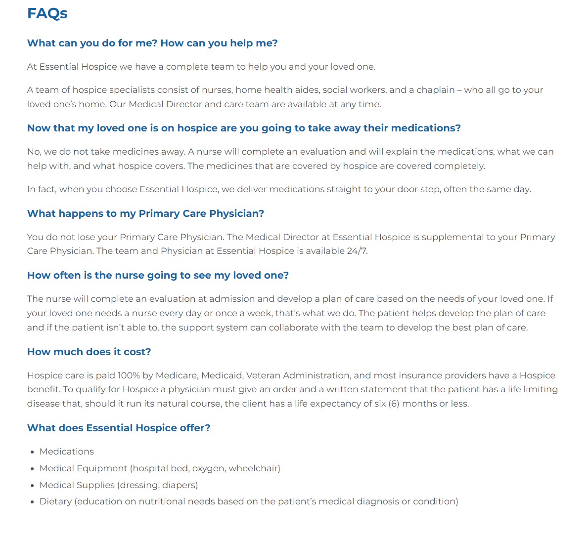 Essential Hospice websites' new FAQ page