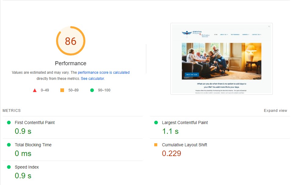 Essential Hospice websites' old speed score of 86
